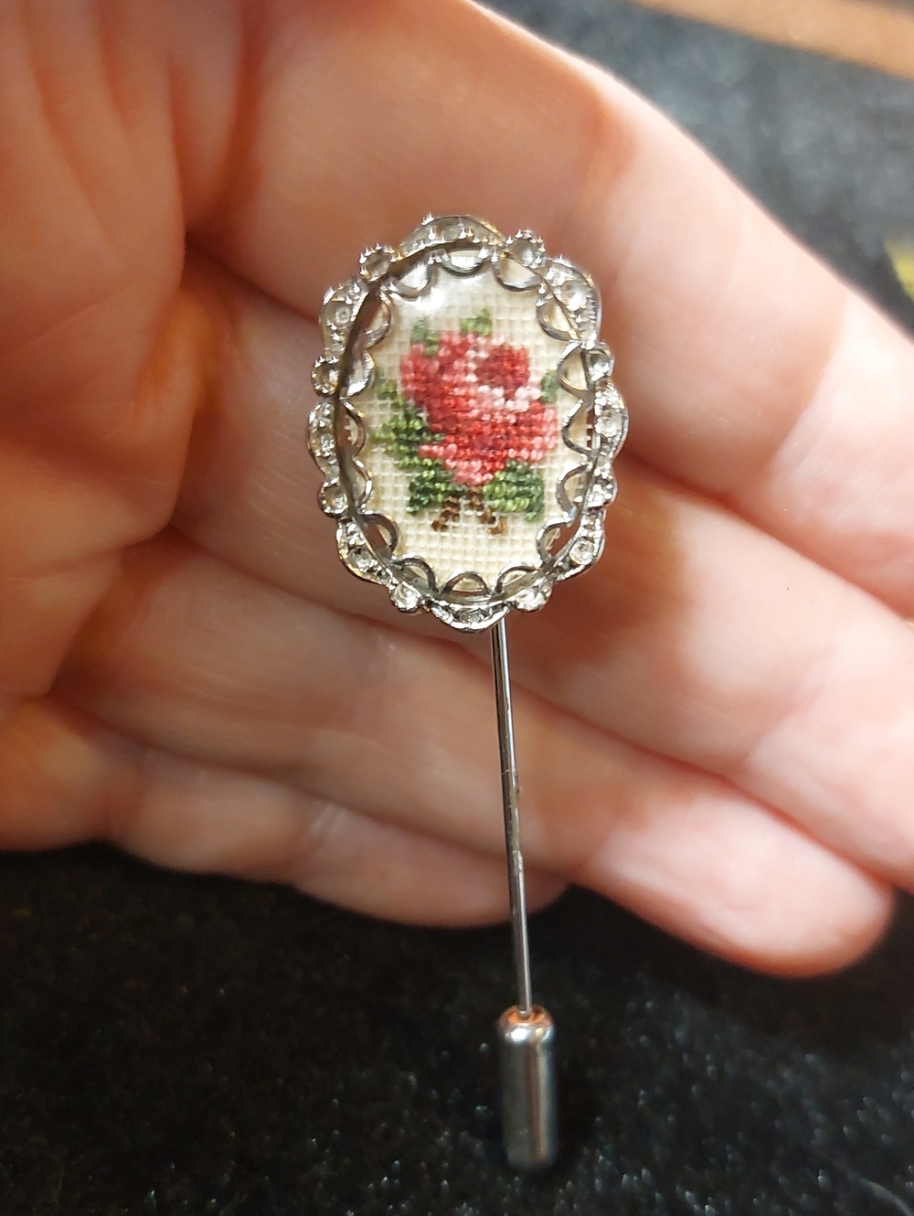 Vintage Petit Point Red Rose Stick Pin 2.5" Silvertone